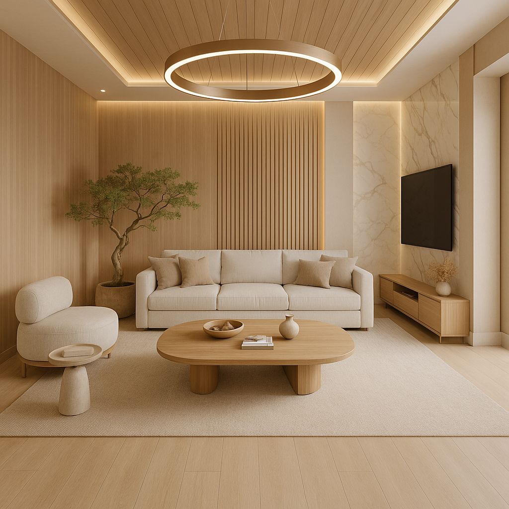 Luxury Drawing Room with Bookmatched Marble TV Backdrop & Fluted Slats #11